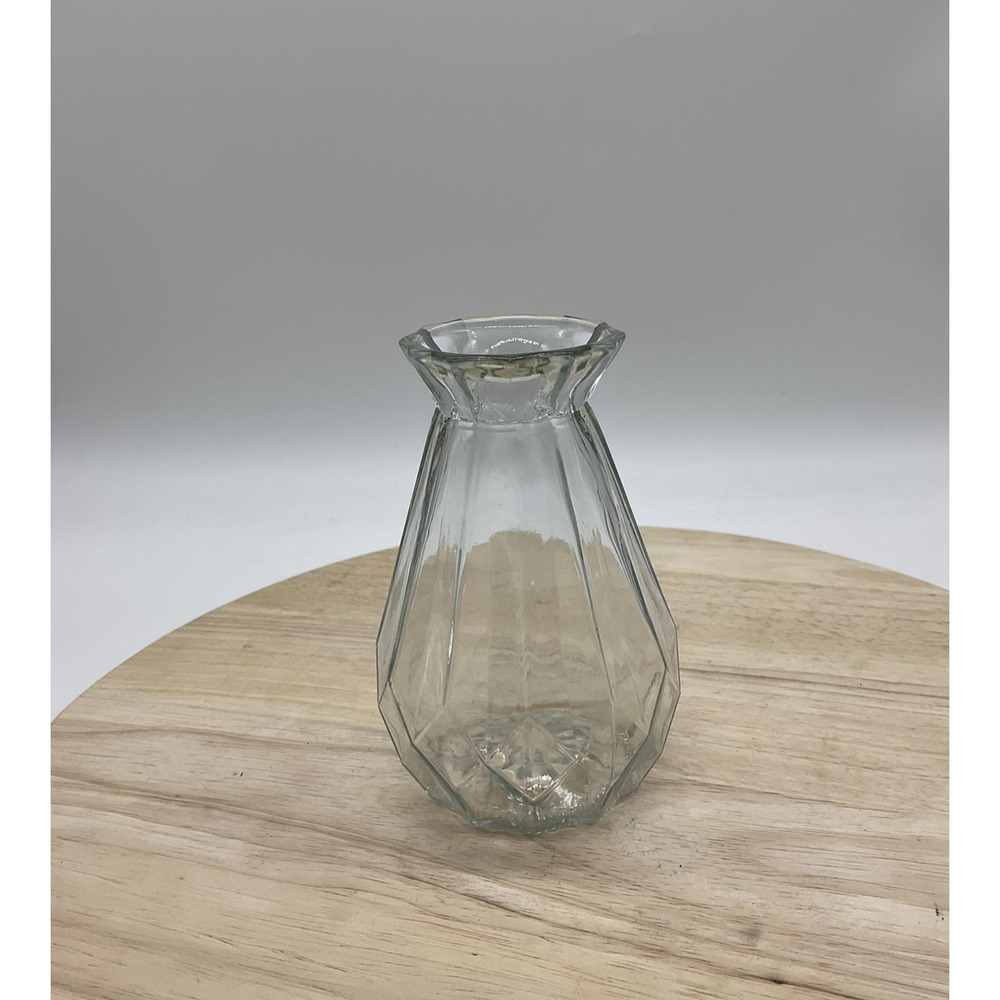 Clear Glass Vase Faceted Panel Sides Starburst Base Flared Rim Decor Centerpiece